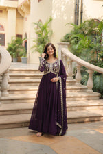 Load image into Gallery viewer, Dark Rani Faux Blooming Anarkali For Wedding Price and Online Shopping Price Under 1500 . this Fabric Heavy Embroidery Work and Sequence Work and Dupatta Faux Blooming Georgette Fabric and This Dupatta Rich Sequins Multi Embroidered Lace Border , Traditional Woman Look For 2024-25 , 2025-26 .