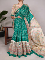 Load image into Gallery viewer, Elegant Rama Green Saree with Fusion Print Of Madhubani And Bandhej , Shop Rama Blue Silk Saree Online , Traditional Rama Color Saree for Festive Wear , Buy Rama Green Kanchipuram Saree Price Under 1000  .