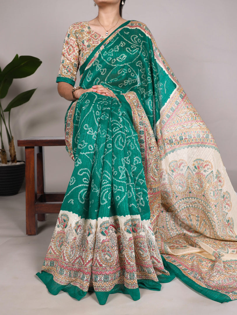Elegant Rama Green Saree with Fusion Print Of Madhubani And Bandhej , Shop Rama Blue Silk Saree Online , Traditional Rama Color Saree for Festive Wear , Buy Rama Green Kanchipuram Saree Price Under 1000  .
