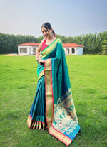 Load image into Gallery viewer, Dark Sky Color Kanjivaram Sarees with price and online shopping price under 2000. this fabric most unique  and kanjivaram sarees for weddings and this fabric most famous and silver Zari weaving work . Traditional Look Or 2024-25 .