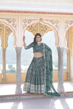 Load image into Gallery viewer, Shop Dark Sky lehenga in viscose jacquard with sequin work , Elegant Dark Sky embroidered lehenga with cutwork dupatta , Dark Sky lehenga set with faux blooming blouse fabric - Shop Now At - Shoppers Trend