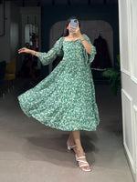 Load image into Gallery viewer, Pure Dark Sky Georgette Dresses Floral Print With Cotton Micro Lining Price and Online Shopping Price Under 1500 . Shop this  Georgette frock with floral print, 6 meter flair, and full micro cotton lining. Adjustable chest size up to 42 inches for perfect comfort.