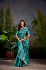 Load image into Gallery viewer, Dark Sky Kanjivaram Saree with Zari Weaving Works For Weddings Best Price and Online Shopping Price Under 1500 . this Fabric So Heavy and Sophisticated Dark Sky Kanjivaram saree featuring rich zari weaving work. Comes with a matching blouse piece. Ideal for weddings, parties, and traditional events.