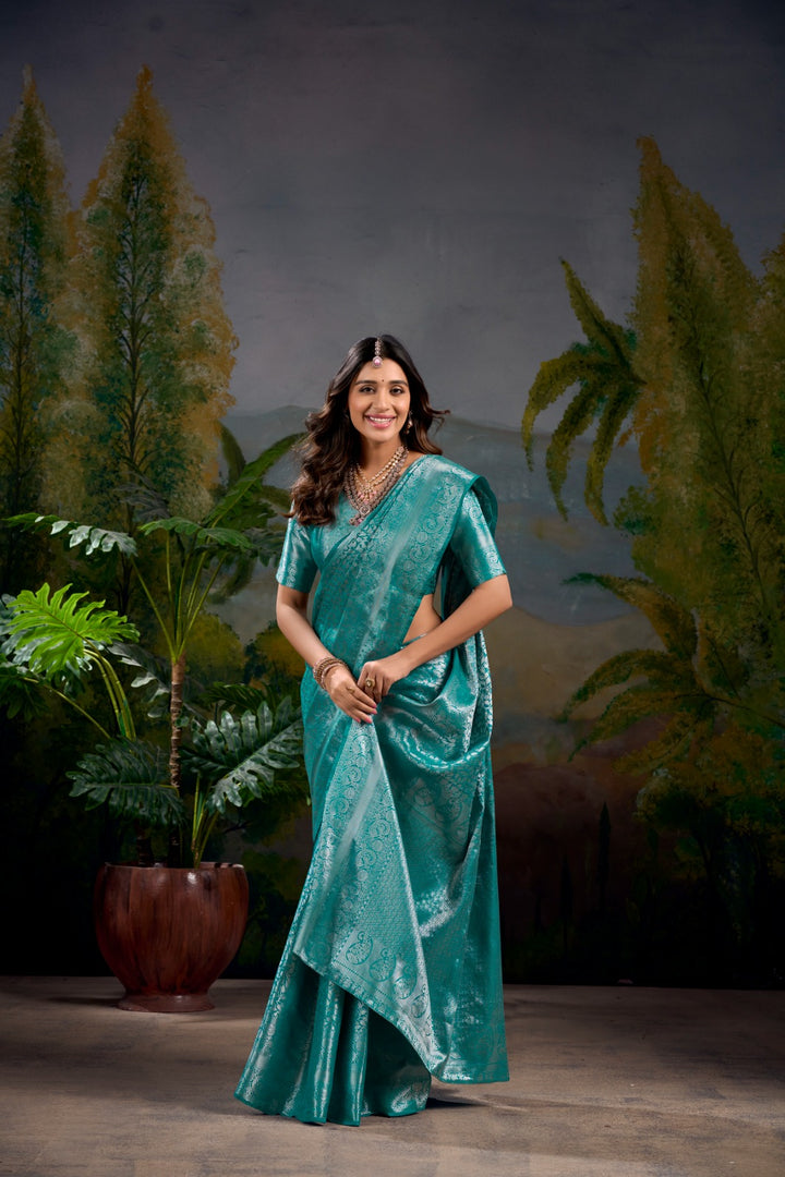 Dark Sky Kanjivaram Saree with Zari Weaving Works For Weddings Best Price and Online Shopping Price Under 1500 . this Fabric So Heavy and Sophisticated Dark Sky Kanjivaram saree featuring rich zari weaving work. Comes with a matching blouse piece. Ideal for weddings, parties, and traditional events.