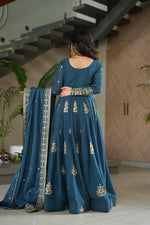 Load image into Gallery viewer, Sequin-embroidered Chinon Anarkali (56" length) with cotton lining and fancy neckline. Includes coordinating 2.3m embroidered dupatta. Ideal wedding attire.