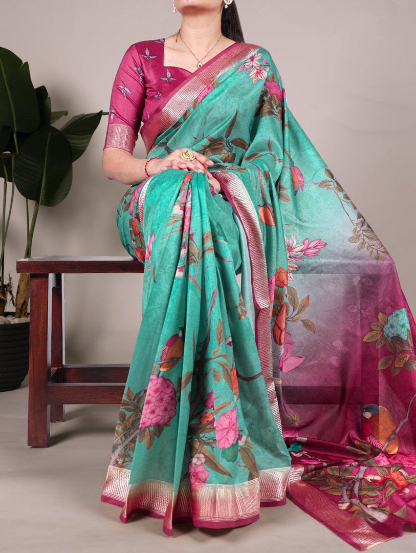 Experience grace and sophistication with this beautifully designed Tussar Silk Saree. Featuring a delicate floral print and a luxurious viscose border, this saree is an ideal choice for festive occasions, office wear, and casual elegance