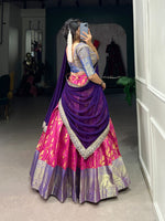 Load image into Gallery viewer, Ready-to-wear Dhavani Set featuring zari-detailed jacquard silk lehenga and blouse with lace accents, complemented by an embellished georgette dupatta with sequins and embroidered border.