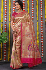Load image into Gallery viewer, Fully Golden Soft Silk Sarees With Price and Online Shopping Saree price Under 2000 . This Fabric Very Softy Silk and Rich Pallu This Saree Fabric . This Fabric Soft Silk Fully Golden Zari Weaving Saree and Contract Pink Blouse and Border Pink .