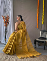 Load image into Gallery viewer, Gold (Dark Yellow) Pure Tissue Silk Sarees With Price and Online Shopping Price Under 1500 . this Fabric Most Smooth and Softness SIlk Saree With Fully Gold Zari Weaving Works .