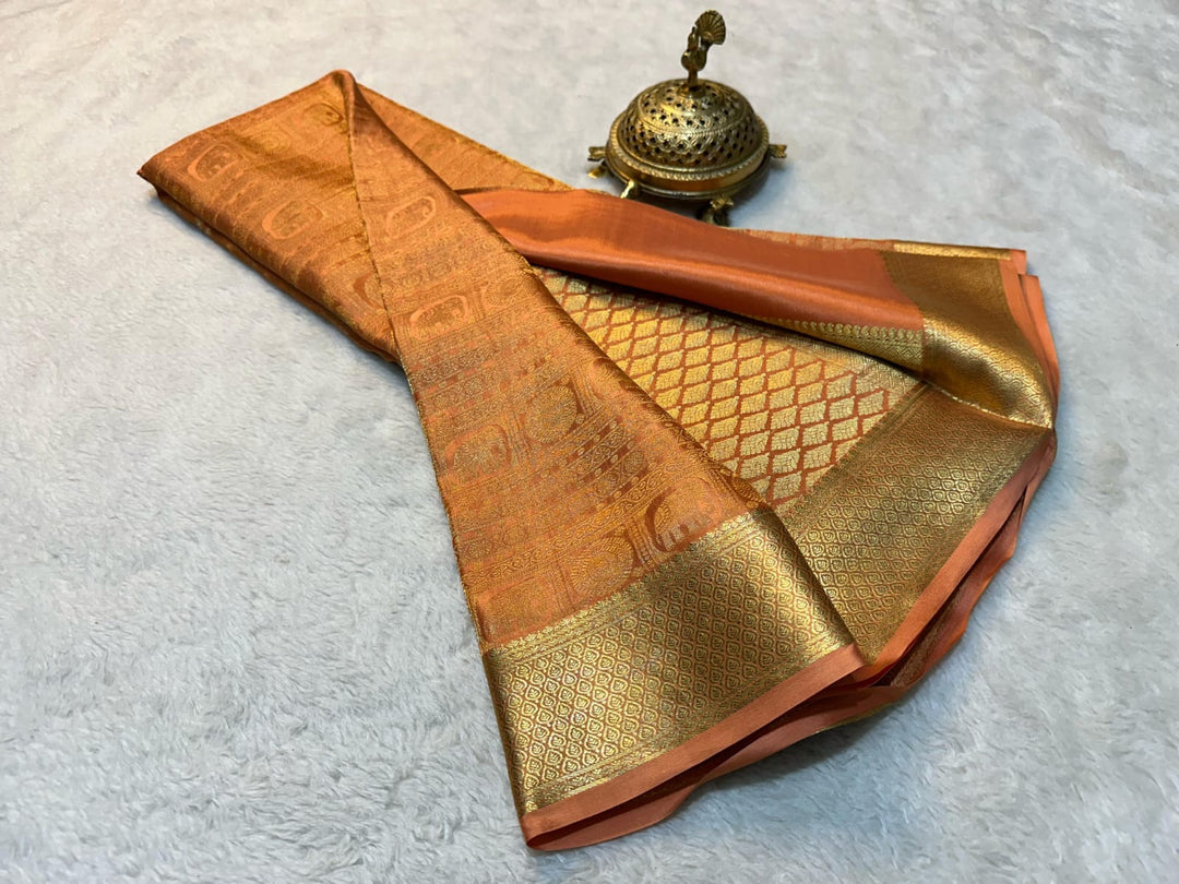 Golden Orange Mysore Silk Saree with zari weaving. 6.3m length. Includes blouse piece. Machine washable saree , Fully Zari famous saree .