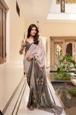 Load image into Gallery viewer, Elegant gray floral printed marble saree , Lightweight gray saree with lace border , Soft gray saree with flower motifs , Stylish gray saree for everyday wear , Gray weightless saree for working women , Printed gray saree with matching blouse , 
Casual gray saree in marble fabric , Designer lace border gray saree , Gray saree for festive and formal wear .