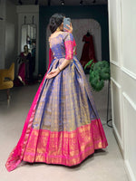 Load image into Gallery viewer, stitched Mansi Kanjivaram Anarkali gown is made from Kanjivaram fabric with intricate zari weaving. It features a 40" chest with an extra 2-inch margin for comfort and a 56" length with 3.5 meters of flair. The gown has full silk lining and 13" sleeves. The net dupatta is plain with a lace border and measures 2.4 meters in length.