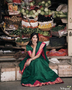 Load image into Gallery viewer, Green Cotton Lichi Half Saree / Langa Voni and Dhavani Set With Price and Online Shopping Price Under 1500 . This Fabric Soft Lichi Silk and Smooth Fabric . This Fabric Cotton Lichi Green and Rani Border With Zari Weaving Work. THis Dhavani Set , Half-Saree Party and Any Occasions...