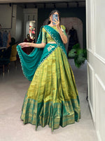 Load image into Gallery viewer, Green Kanjivaram Half-Saree , Langa Voni , Davani and Dhavani Set With Price and Online Shopping Price Under 1500 . this Fabric Most Soft and this Mainly Manufacturing  this Fabric Tamil Nadu in India .