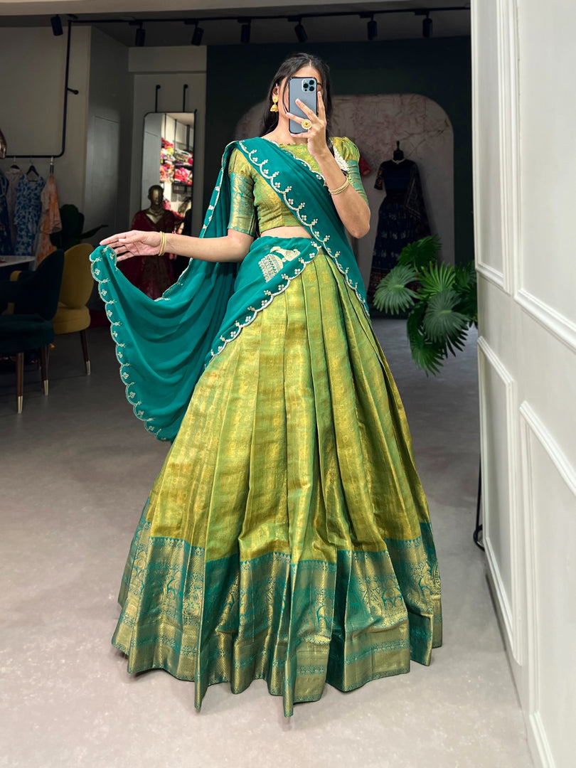 Green Kanjivaram Half-Saree , Langa Voni , Davani and Dhavani Set With Price and Online Shopping Price Under 1500 . this Fabric Most Soft and this Mainly Manufacturing  this Fabric Tamil Nadu in India .