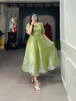 Load image into Gallery viewer, Green Pista Burberry Silk Dresses With Price and Online Shopping Price Under 1000 .Discover sophistication with this plain Burberry Silk frock featuring a 4-meter flair, adjustable chest fit up to 42 inches, and full micro cotton lining. Perfect for every occasion. traditional look 2025-26 .