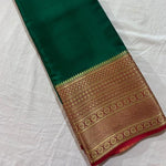 Load image into Gallery viewer, Green Semi-Mysore Silk Saree For Weddings and Party wear Collection and Gold Zari Weaving And Border Silk Gold Rich pallu . Traditional Look For Party Wear Collcetion and Mainly Manufacturing MySore State in Karnataka .