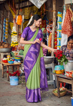 Load image into Gallery viewer, Green Soft Kolkata Tussar Bech Saree Price and Online Shopping Price with 1500. this Fabrice smooth softness saree this saree Parameshwari prints saree most athletic zari weaving saree . Traditional Look For Kolkata 2025-26 .