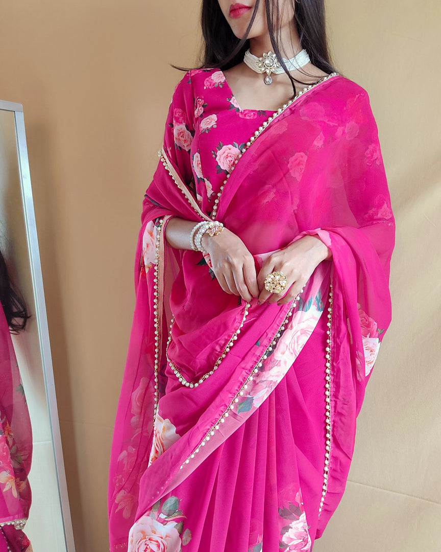 Gulabi Rani georgette sarees with price and this saree online shopping price under 1000 . this fabric georgette first manufacturer in Surat , Gujarat .