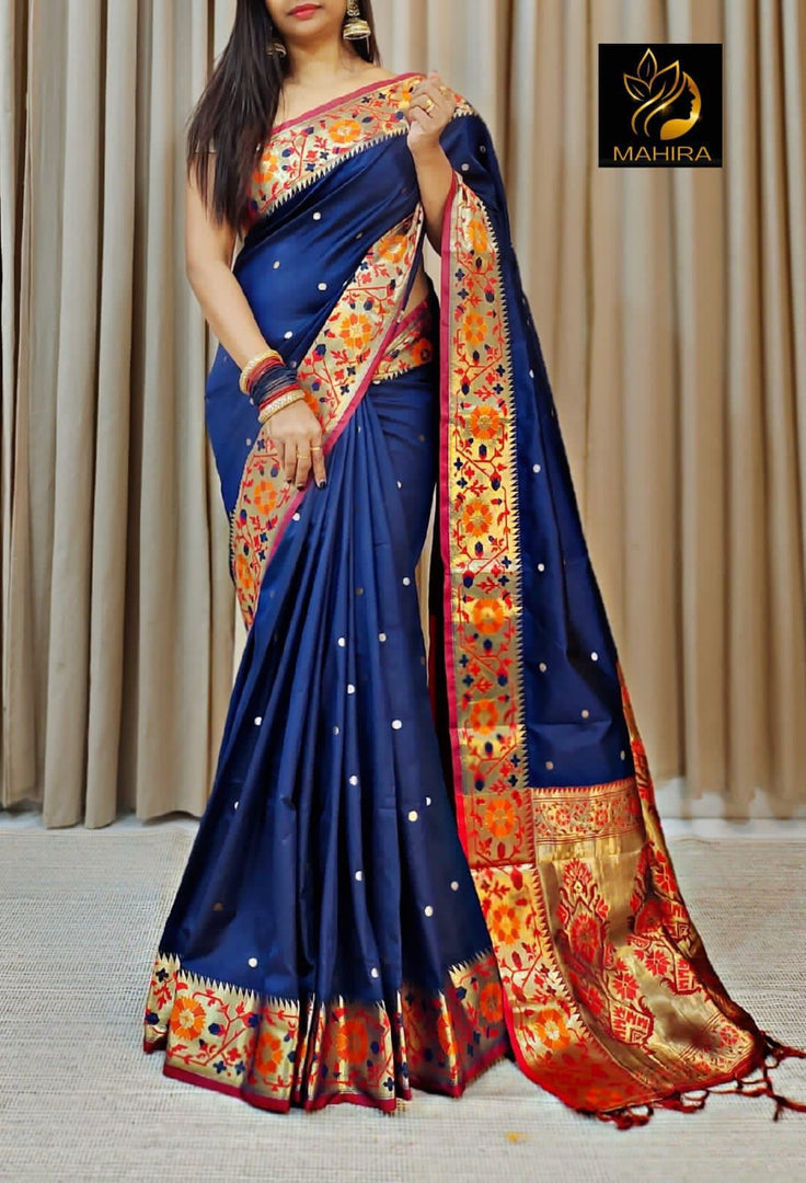 Royal Blue Saree , Pure soft silk stunning Blue Golden Zari Using in Karnataka & Assam . This Soft Silk Saree Most Popular Designer Blue Color Most Famous.