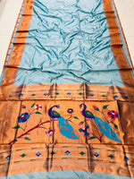 Load image into Gallery viewer, Light sky pure soft silk sarees with price online shopping price under 2000 . this fabric pure soft silk saree mainly manufacturing in Banaras , India .