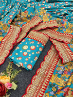 Load image into Gallery viewer, Light Blue Chinon Sarees With Price and Online Best Shopping Price Under 2000 . This Fabric Soft Smooth Fabric Chinon Saree With Kalamkari Print and Cutwork Border Design . this Design Very Soft and Any Occasion but Weddings Specials . Traditional Look For 2024-25 .