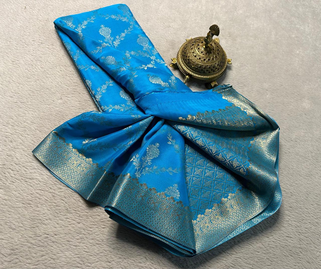 Light Blue Mysore Silk Sarees With Price and Online Shopping Price Under 1500 . Explore the timeless beauty of Kanchipuram (Kanjivaram) silk sarees, renowned for their intricate zari work, vibrant colors, and luxurious craftsmanship. Perfect for weddings and festive occasions . Light Blue Mysore Silk Sarees Traditional Look 2024-25 .