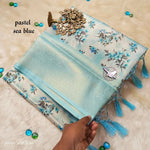 Load image into Gallery viewer, Light Blue Soft Silk Sarees with price and soft silk saree online shopping price 1500 . this fabric rich and Softy silk and border Gold Zari weaving and Soft Silk sarees price under 1500 . Traditional Look For 2024-25 , 2025-26  .