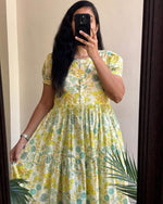 Load image into Gallery viewer, Light Green Muslin Dress With Price and Online Shopping Price Under 1000 . This Fabric Musiln Dress White With Light Price , Blue Flower  Design . This Fabric Soft and Beautiful prints of pure and rich Muslin Fabric and Unique colours Flower Patterns This Comfortable Breathable light weight Fabric . Traditional Look For 2024-2025-2026 .