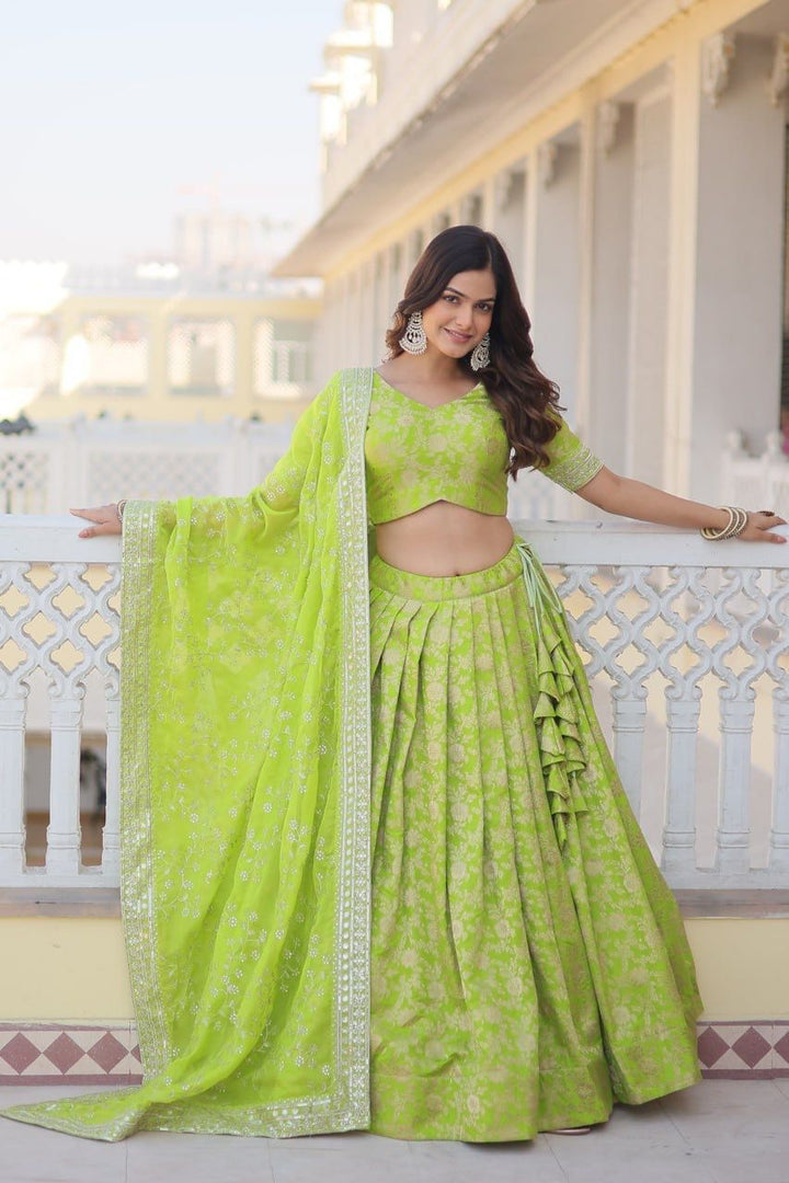 Light Green Pure Dyable Viscose Jacquard Dhavani Set , Langa Voni , Davani Set adn Half-Saree With Prices And Online Shopping Best Price Under 2500 . This fabric Pure Dyable Viscose Jacquard Lehenga Embroidered Sequins work and Dupatta Russian Silk With Sequins Embroidered Work and Blouse Pure Dyable Viscose Jacquard With  Sequins embroidered Work . Traditional Look For 2024 - 2025 .