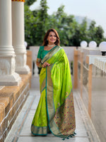 Load image into Gallery viewer, Light Green Soft Pethani Silk Sarees With Price and Online Shopping Price under 2000 . This Saree Most Beautiful Look and Soft Smooth Fabric and Rich Pallu and Gold Zari Weaving Work .