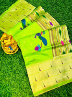 Load image into Gallery viewer, Discover timeless beauty with our Light Green Soft Silk Cotton Saree. Handloom crafted, includes a contrast blouse. This Fabric Soft Silk Saree Very Soft Silk Saree and Border Fully Gold Zari Weaving Saree  . This Fabric Soft Silk Saree Price Under 2000 .