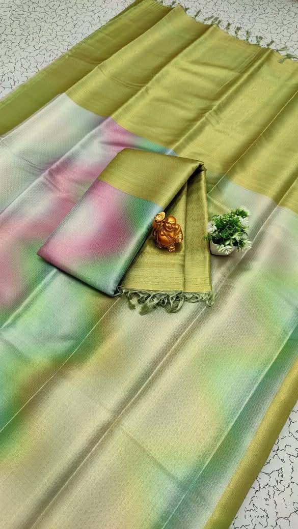 Light Green Softy Silk Sarees With Price and Online Shopping Price Under  1500 . this Fabric Light Green Saree Shop Digital Softy Silk Sarees with gold zari, contrast borders, and jacquard blouses. Elegant designs with rich pallu available at just ₹1199.