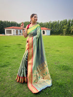 Load image into Gallery viewer, Light PIsta  Kanjivaram With Zari Weaving Work Sarees For Best Weddings Price and Online Shopping Price Under 1500 . This Fabric SO Heavy Zari Weaving Work Graceful purple Kanjivaram saree adorned with intricate zari weaving work. Includes a matching blouse piece. Perfect for festive occasions and weddings.