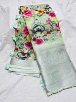 Load image into Gallery viewer, Light Pista Linen Cotton Sarees Price and Elevate your style with this Light PIsta Linen Cotton Saree  a perfect blend of elegance and comfort. Crafted from breathable linen and soft cotton, this saree is lightweight and ideal for daily wear, office looks, or festive gatherings.
