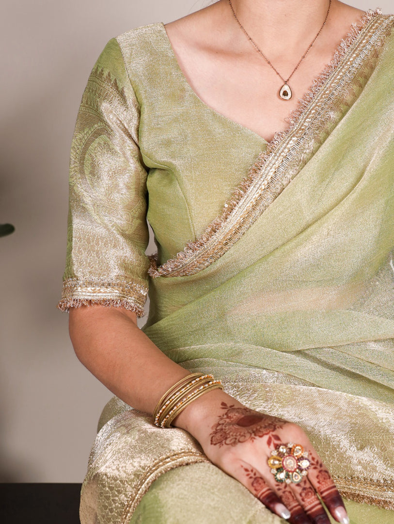 Light Pista Tissue Shimmer With Zari Weaving Work Sarees With Price and Online Best Shopping Price Under 1500 . Buy Now!