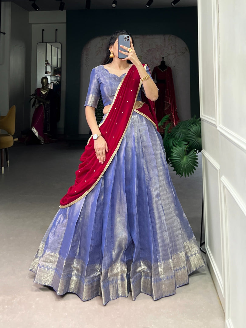 Light Purple Kanchipuram Dhavani Set , Davani , Langa Voni Dhavani Set With Price and Online Shopping Price under 2000 . this Fabric Most Famous and Rich Fabric . This Fabric Dupatta Sequins And Thread Embroidery Work With Lace Border
