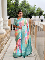 Load image into Gallery viewer, Light Sky Or Light Blue Color Saree From Pure Banarasi Silk Fabric For Wedding And Other Occation , Traditionally, Banarasi sarees are woven with silk, though they can also be made in other materials like cotton, georgette, and chiffon . This Saree Blue Color Pure Banarasi Silk Multicolor For Weddings Best Saree .