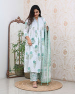 Load image into Gallery viewer, Light Sky Pure Cotton Kurti With Price and Online Shopping Price Under 2000 . this Fabric Soft and Heavy Kurti . It Include Pent and Dupatta this Heavy Fabrics. this Fabric Pure Cotton Light Sky Color Flower 🌸 this Fabric Added With Embroidery Handwork Working . This Traditional Look 2024-25 .