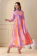 Load image into Gallery viewer, Purple or Orange Fatema Muslin Anarkali is made from soft muslin with a digital shine print. It features a V-neck, full sleeves, and a length of 52-55 inches. The set includes one gown and a dupatta, and it is easy to care for with machine wash and Traditional Look For Anarkali 2025-26 .