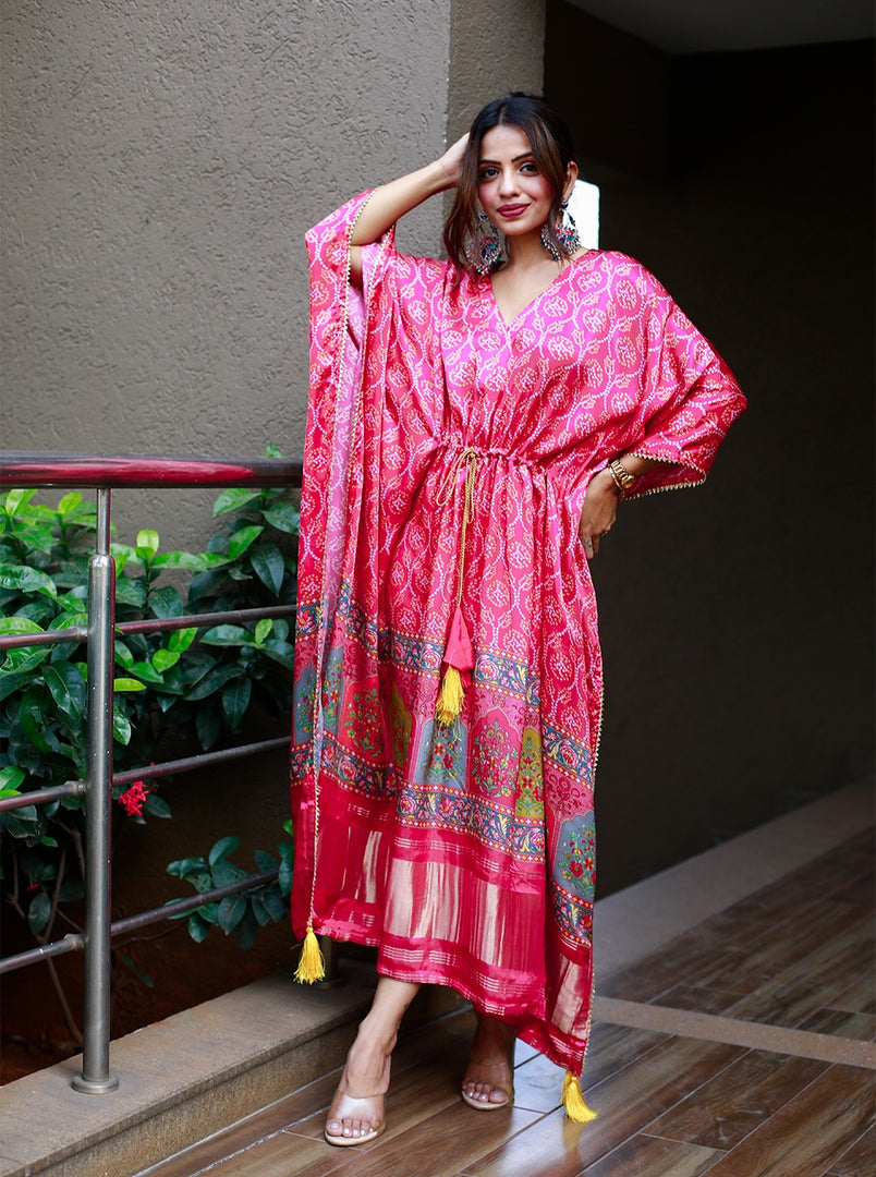 ✨ Stay stylish and comfortable with this Oversized Gaji Silk Kaftan, designed for effortless elegance. Whether you're heading to a beach vacation, casual outing, or a festive celebration, this kaftan is the perfect blend of luxury and comfort .This fabric heavy , Soft, lightweight & breathable .