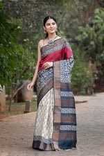 Load image into Gallery viewer, Wine Kalamkari Tussar Silk Saree with Zari Border , Rich Maroon Hand Printed Tussar Silk Saree , 
Maroon Kalamkari Saree for Weddings & Events , Deep Wine Silk Saree with Blouse , Kalamkari Maroon Saree for Traditional Wear .