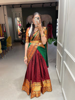 Load image into Gallery viewer, Maroon Color Or Red Color Narayan Pet Dhavani Set , Davani Set Price and Online Shopping Price Under 2000 . This Dhavani Set With Dupatta Fabric Narayan Pet and This Dupatta Work For Zari Weaving Work also comes with tassels
. This Fabric Maroon Color Narayan Pet Dhavani Set | Langa Voni | Half-Saree For Weddings Best Wear Collection price Under 2000 .