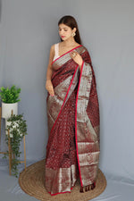 Load image into Gallery viewer, Maroon Silk Sarees With Price Under 2000 . This Fabric Silk Saree For Weddings Specials and Rich Pallu and Silver Zari Weaving Work With Jumka Design Most Authentic Look Tradition Look 2024-2025 .