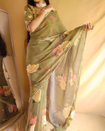 Load image into Gallery viewer, Mehndi georgette sarees with price and online shopping price under 1000 . georgette fabric saree flower design and authentic look and for weddings this collcetion.