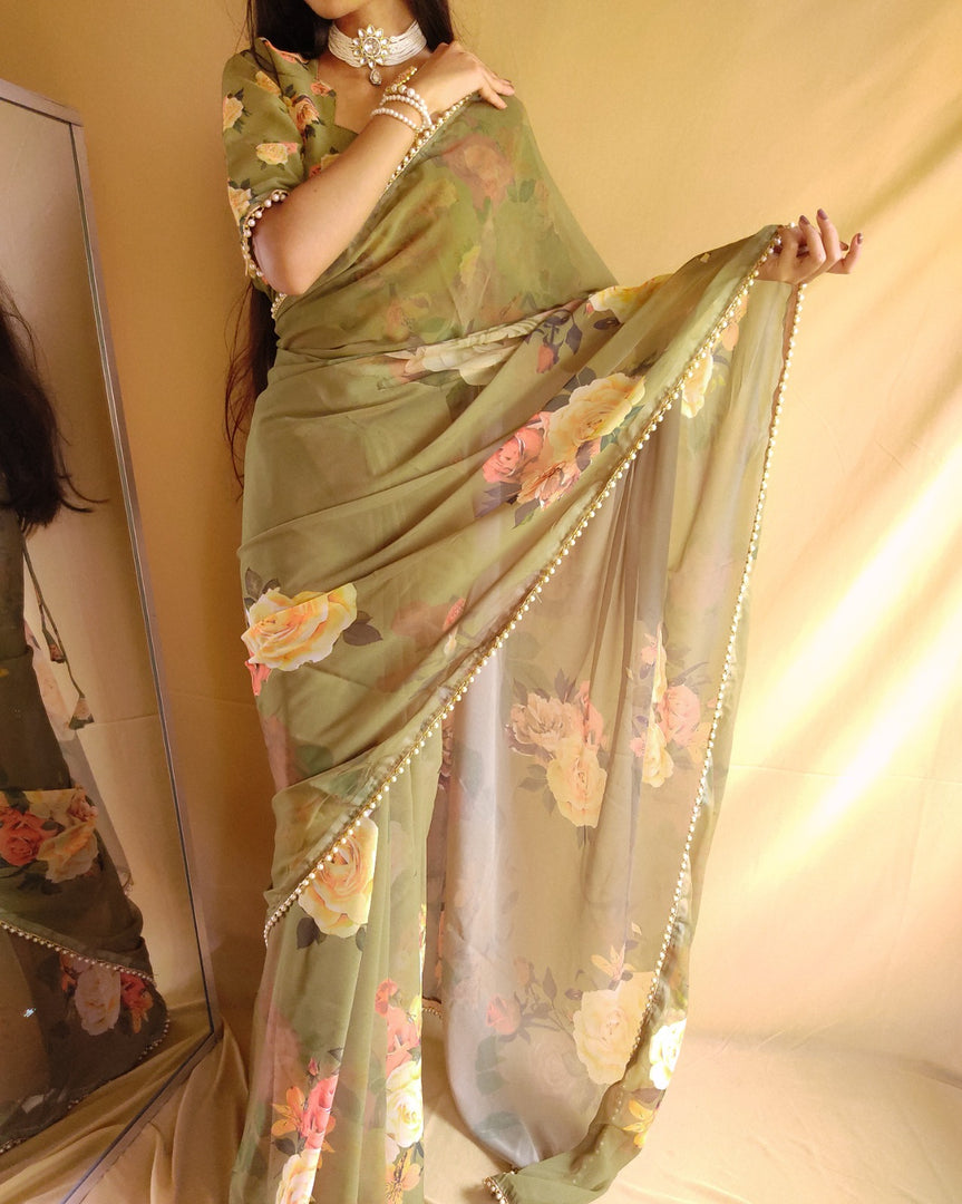Mehndi georgette sarees with price and online shopping price under 1000 . georgette fabric saree flower design and authentic look and for weddings this collcetion.