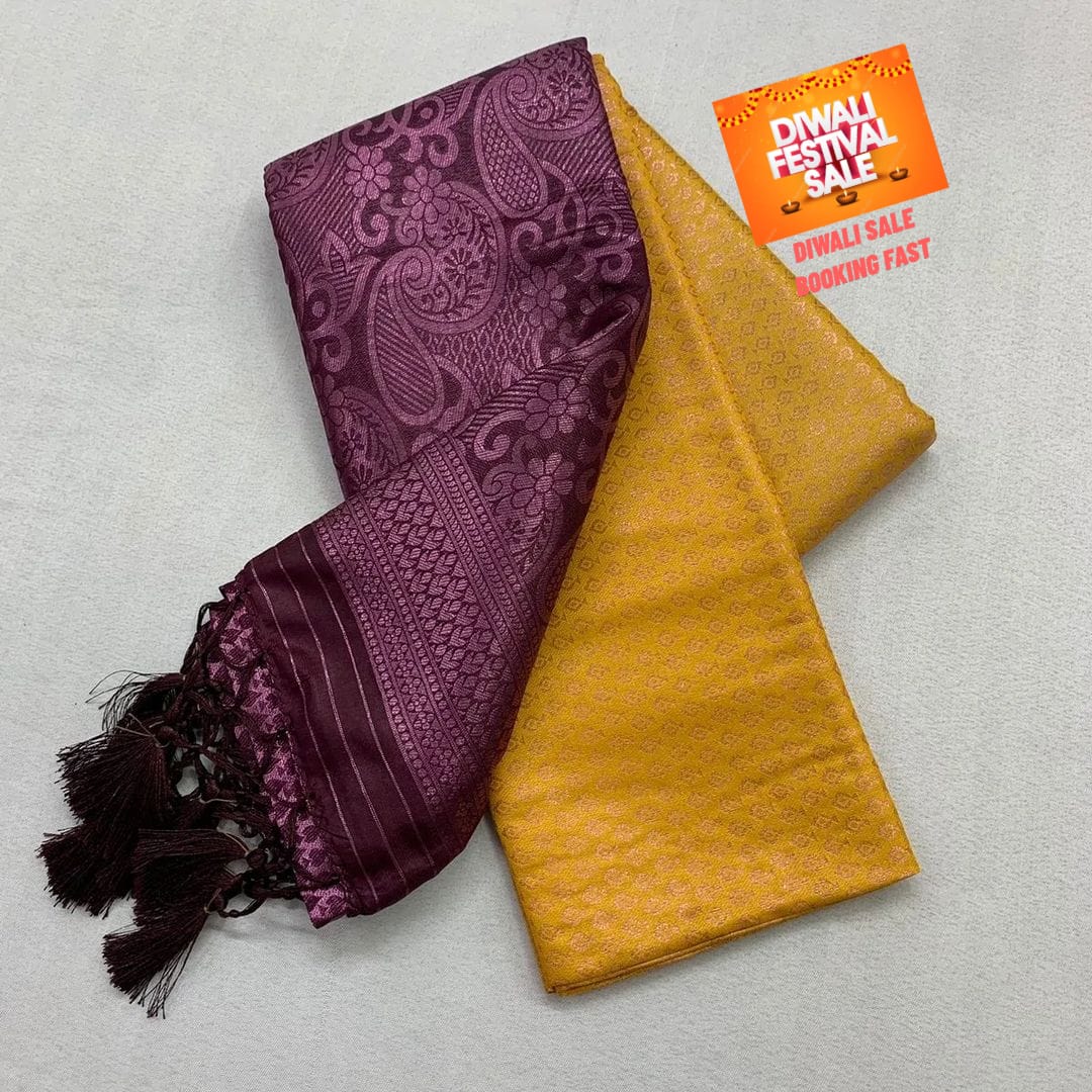 Mustard Yellow soft silk sarees with price and soft Softness  this fabric yellow soft silk saree The first manufacturing of Soft Silk Sarees in India can be traced to Kanchipuram in Tamil Nadu , India .