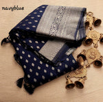 Load image into Gallery viewer, Navy Blue Soft Silk Sarees with price and Online Price under 1500 . this Fabric Pure Soft and Smooth Fabric With Silver Zari Weaving Work saree . This Fabric Soft Silk Saree For Weddings .