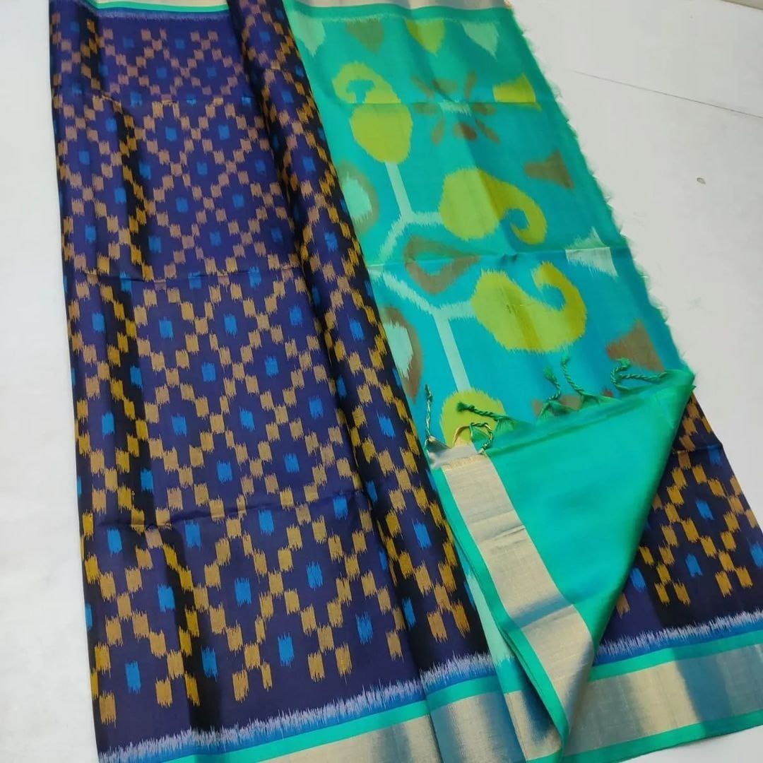 Blue Ikkat Handloom Silk Saree , Rich Blue Digital Printed Saree , Blue Soft Silk Saree for Festive Occasions , Traditional Blue Ikkat Saree Online , Blue Designer Ikkat Saree with Blouse .
