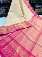 Load image into Gallery viewer, Cream Tissue Silk Sarees, crafted with pure silk and intricate weaving. Shop lightweight, handwoven sarees for weddings and festive occasions. This Fabric Cream Color Weddings Wear Collection Best Price 1999 . Traditional Look For Best Look 2025-26 .